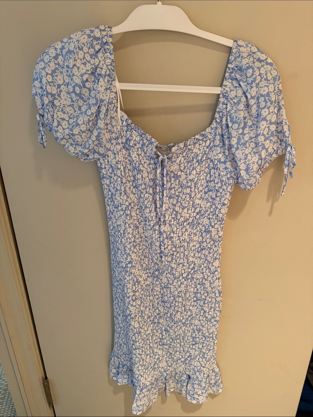Lost + Wander Light Blue and White Floral Smocked Mini Dress - Picture 1 of 3